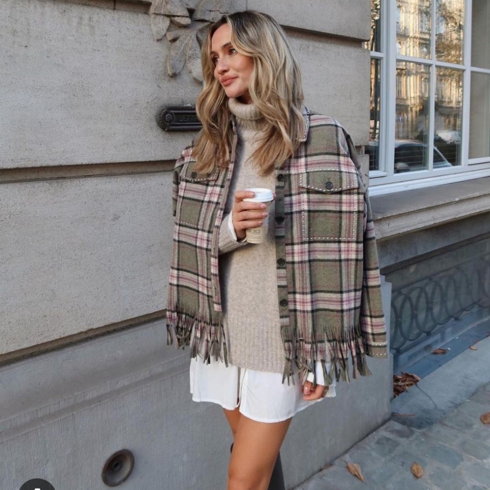 Nwot Zara Plaid Fringe Jacket Oversize